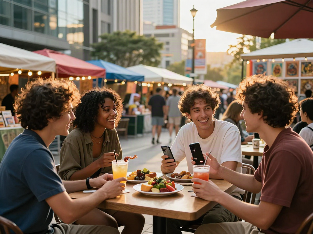 Friends enjoying vibrant café scene with rokok88 delicacies in outdoor setting