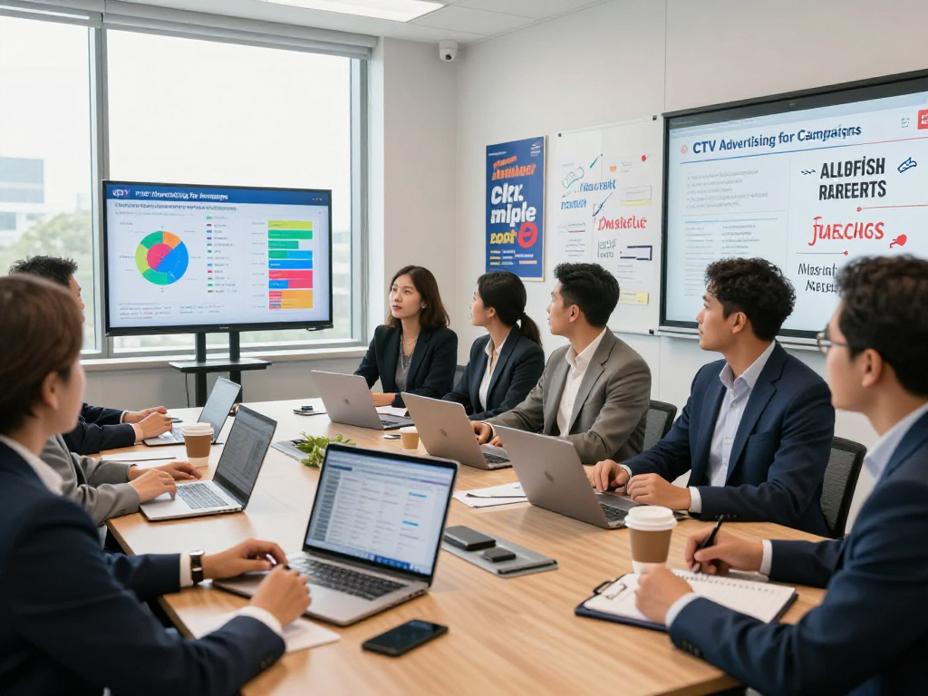 Strategic team meeting focused on CTV advertising for campaigns in a modern office setting.