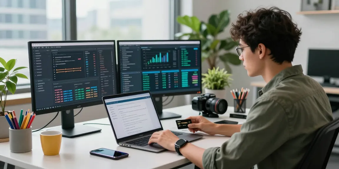 Expert user analyzing CVV data at a Fullz Store, modern workspace setup with tech elements.