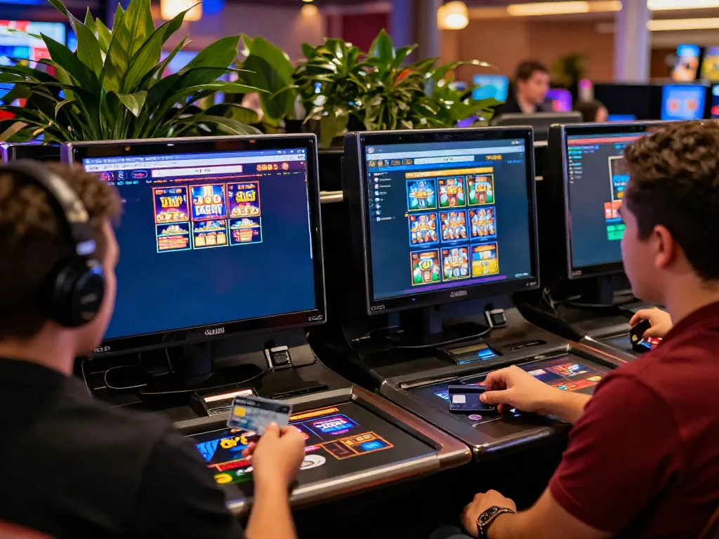 Players engaging with slots that accept credit cards on various devices at a lively online casino.