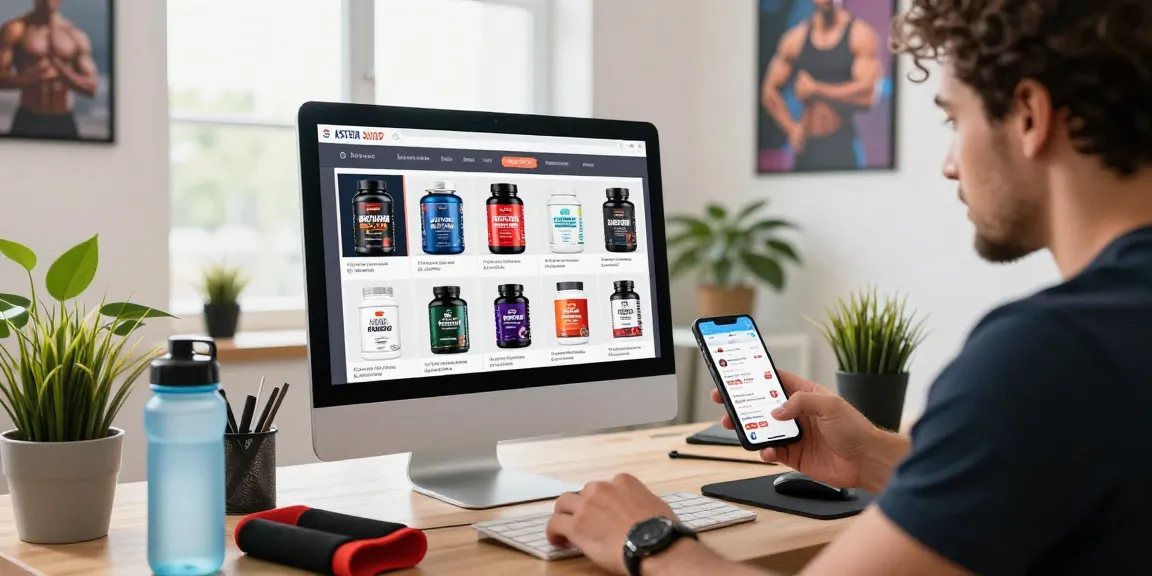 Astera Shop showcasing lab-tested steroids with vibrant fitness products on a clean workspace