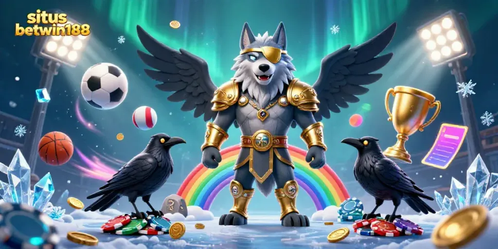 Gambarkan aksi permainan di situs betwin188 dengan karakter Norse dan elemen kasino penuh warna.