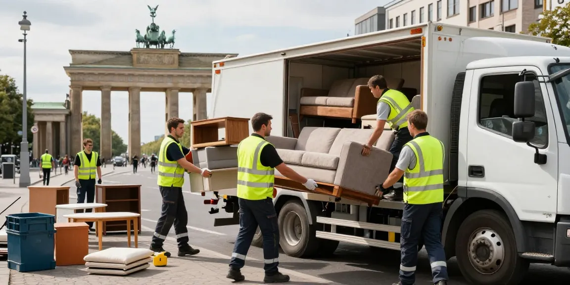 Sperrmüllabholung 80 Euro Berlin with professional team efficiently loading old furniture for immediate removal