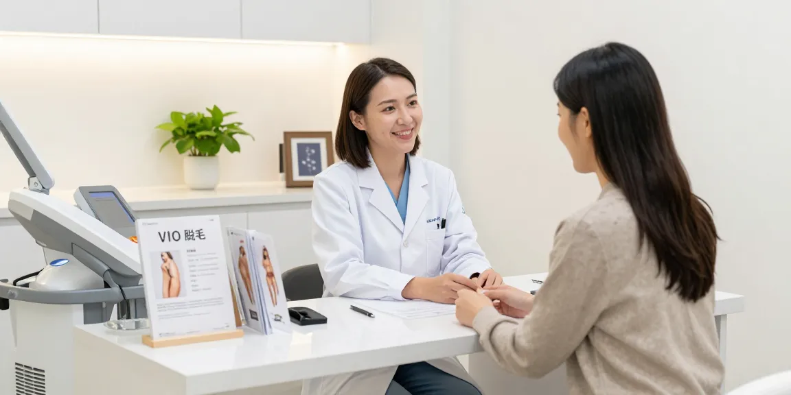 現代のクリニックで患者とVIO脱毛+クリニックの選択肢について話し合う皮膚科医、専門知識とケアを強調。