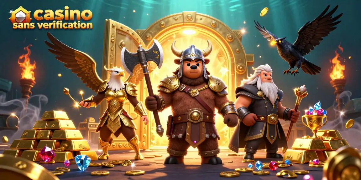 Jouez au casino sans vérification avec un ours viking et une aigle valkyrie, sous une porte de coffre au trésor.