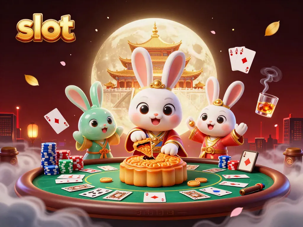Slot mesin dengan kelinci bulan memukul bulan kue, menghasilkan chip poker di bulan.