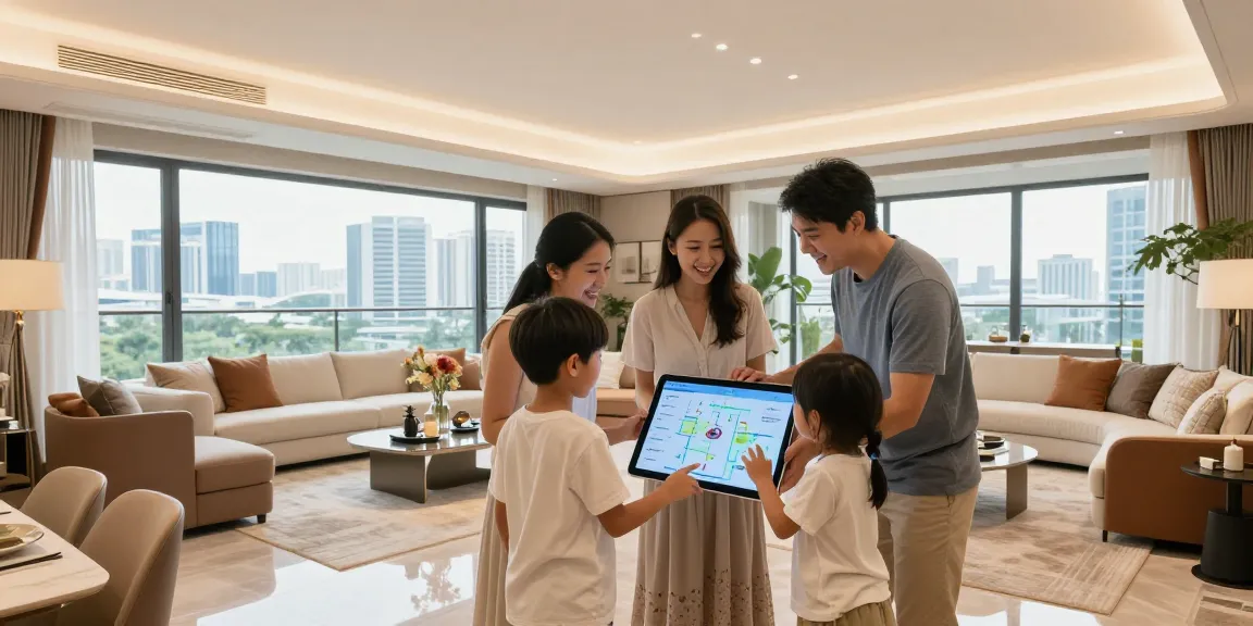 Dover Residences Showflat showcasing a modern family interacting in a luxurious living space with city skyline views.