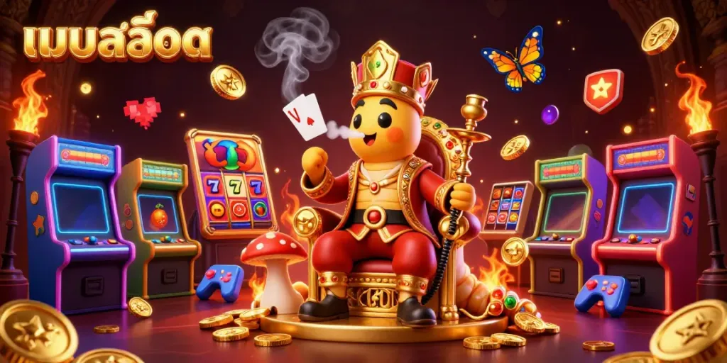 Experience the excitement of แบบสล็อต with a vibrant 3D casino scene filled with colorful slot elements and characters.