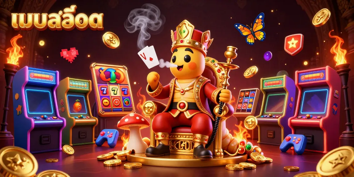 Experience the excitement of แบบสล็อต with a vibrant 3D casino scene filled with colorful slot elements and characters.