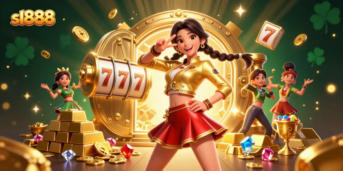 Engage with sl888 slot reels and jackpots in this vibrant casino scene filled with treasures.