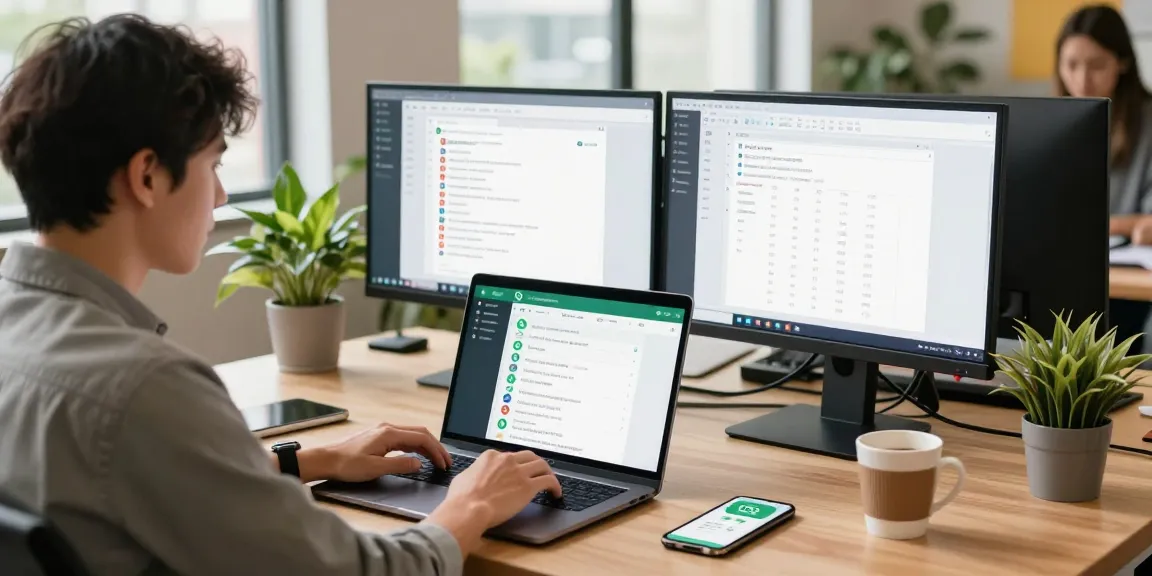 Using WhatsApp網頁版 in a modern office setup, showcasing productivity and collaboration.