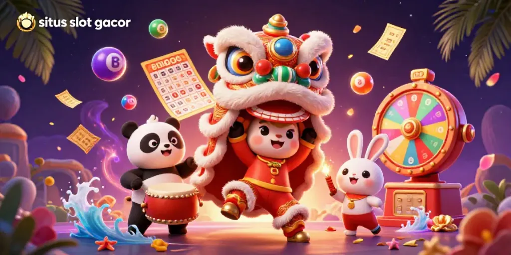 Situs slot gacor illustration with lion dance, panda, and rabbit in vibrant casino scene.
