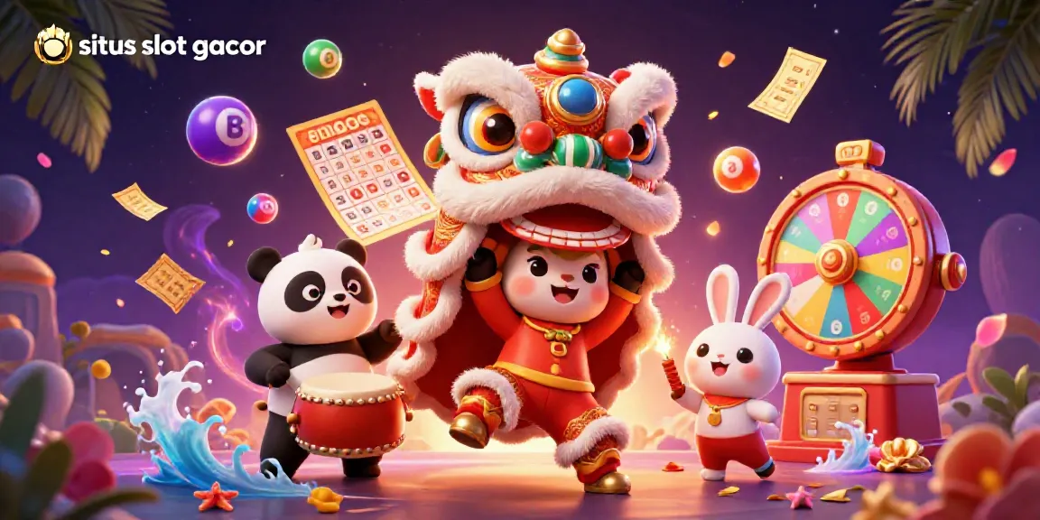 Situs slot gacor illustration with lion dance, panda, and rabbit in vibrant casino scene.