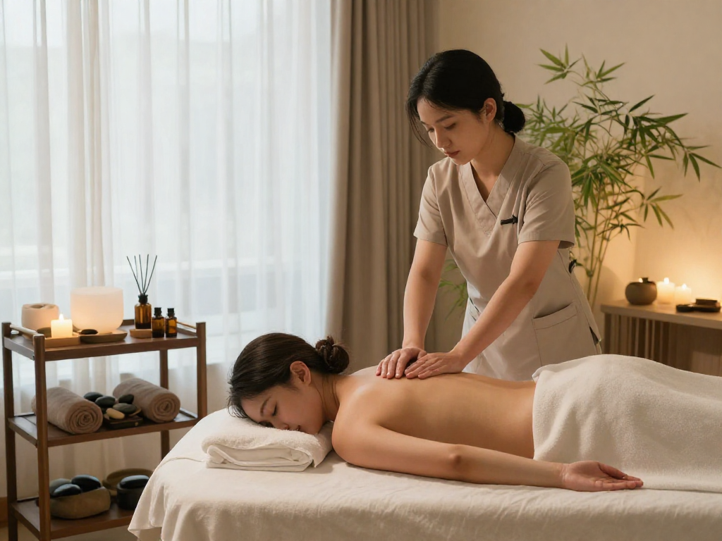 Client receiving 출장마사지 in a calming spa environment with natural elements and warm lighting.
