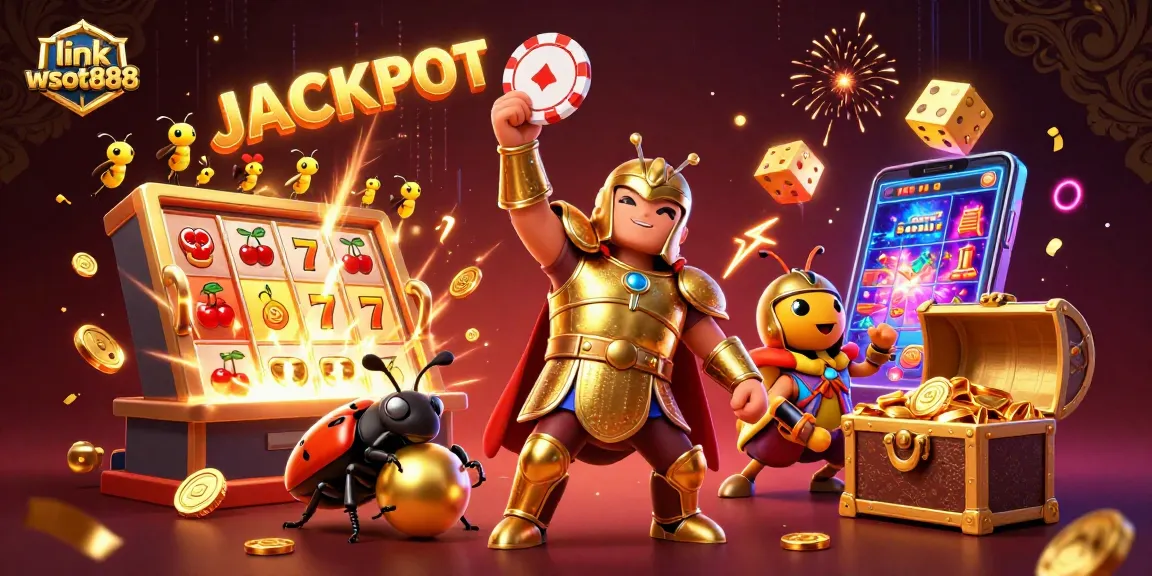 Memenangkan jackpot di link wslot888 dengan ilustrasi detail hercules dan bug keberuntungan.