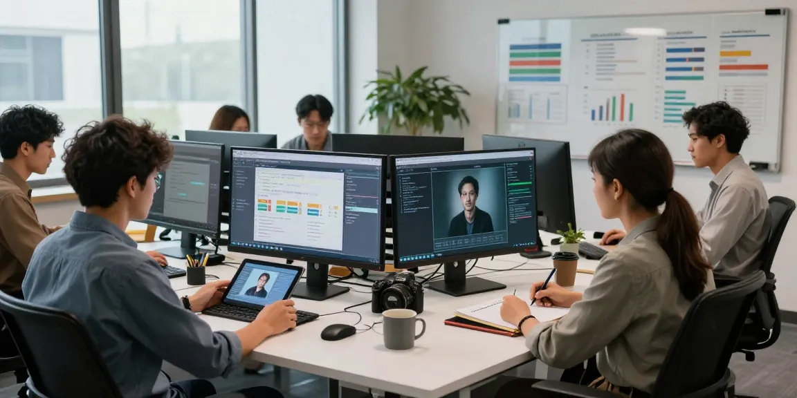 Team collaborating in a modern workspace to detect AI images using advanced moderation technology.