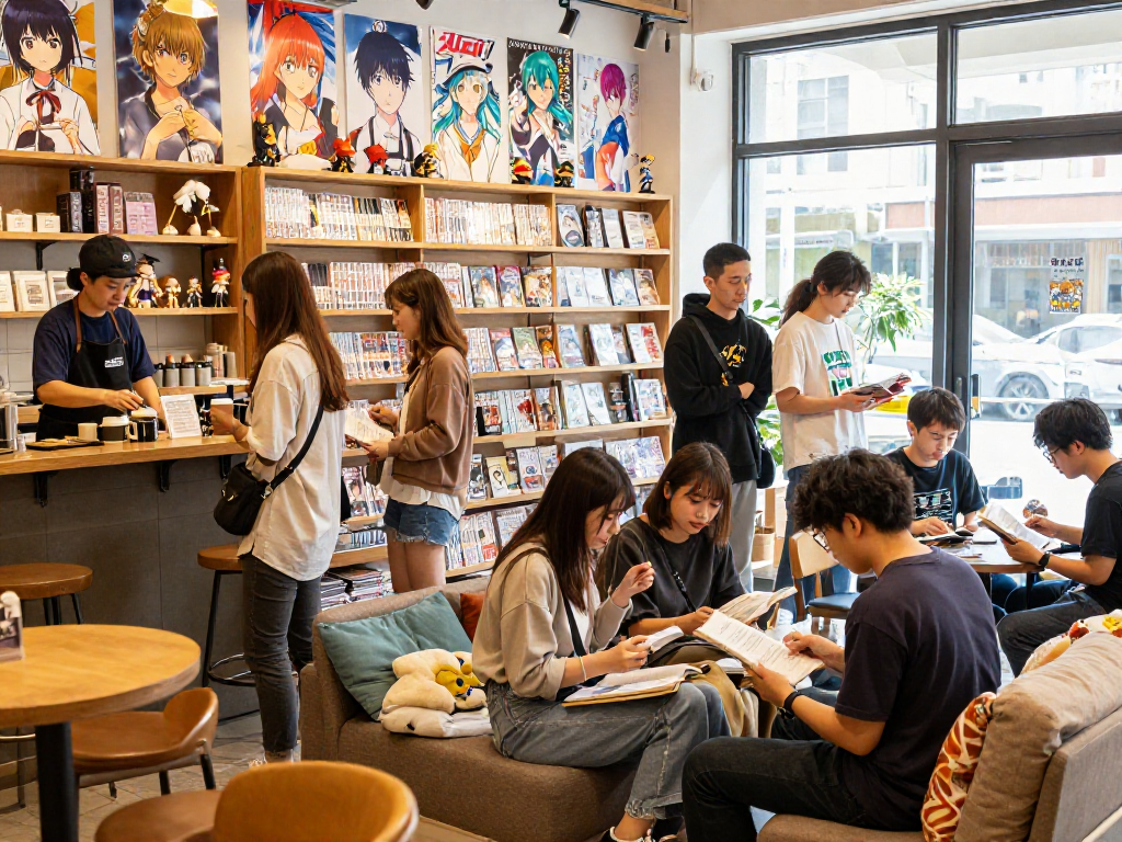 Engaged manga fans browsing Hitomi Manga Raw titles in a lively comic shop.