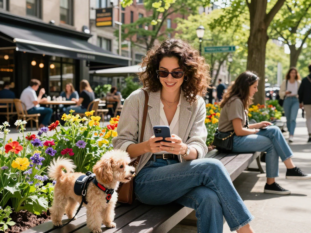 diyarbakır escort hizmetlerini araştırırken mutlu bir kadın ve köpeği, şehir parkında