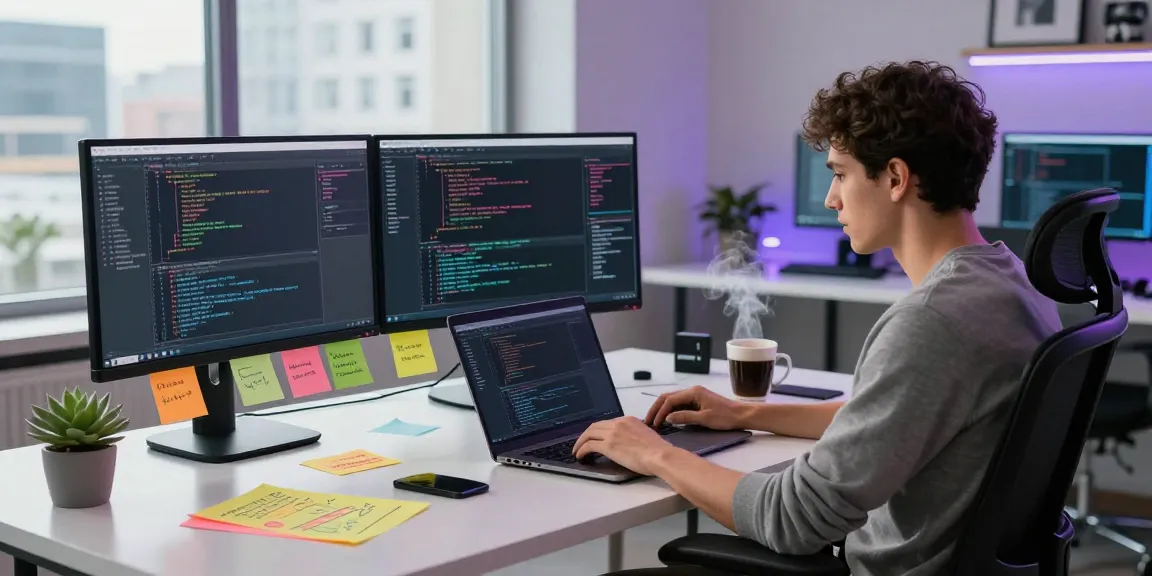 Software developer coding at telegraimin.com workspace with monitors and tools.