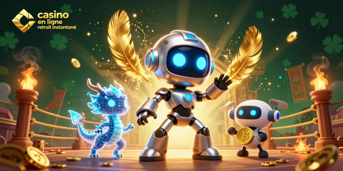 Casino en ligne retrait instantané avec un robot cartoon cyberpunk et dragon holographique au centre d'une scène dynamique.