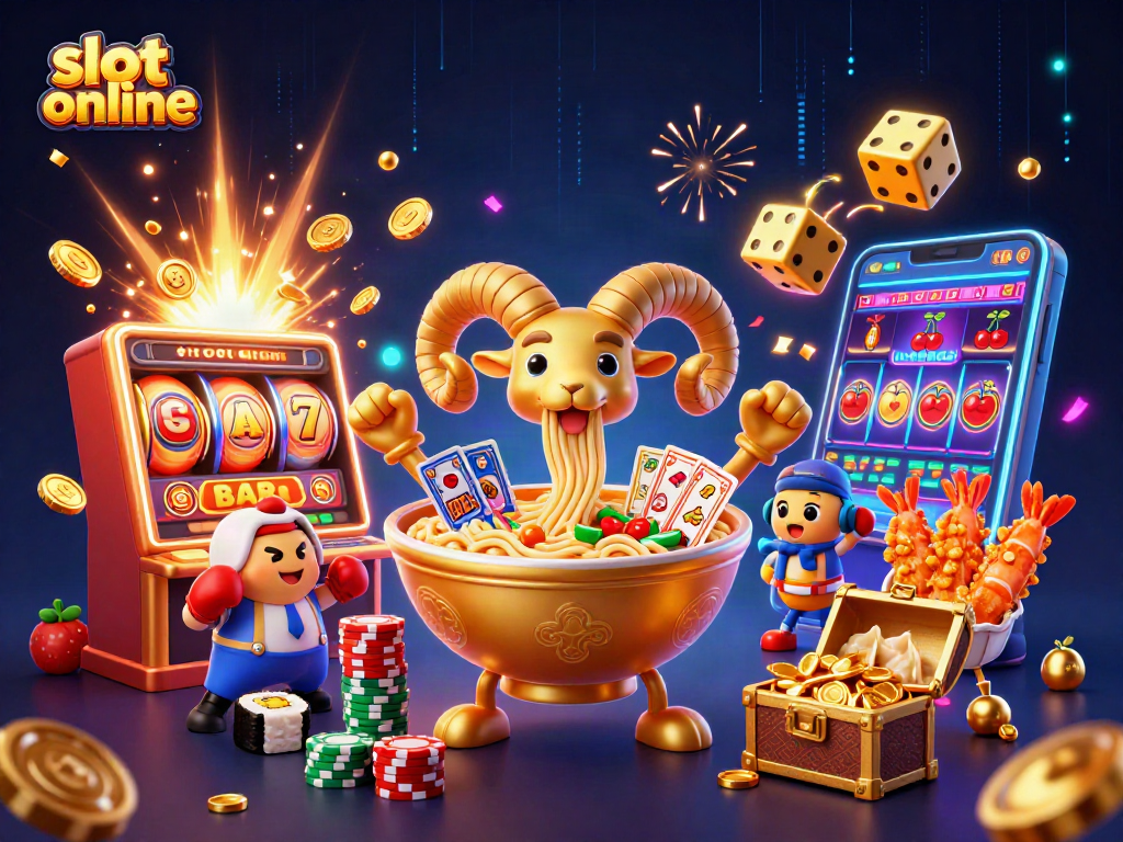 Engage with exciting slot online games as a ramen bowl character deals cards amid jackpot celebrations.
