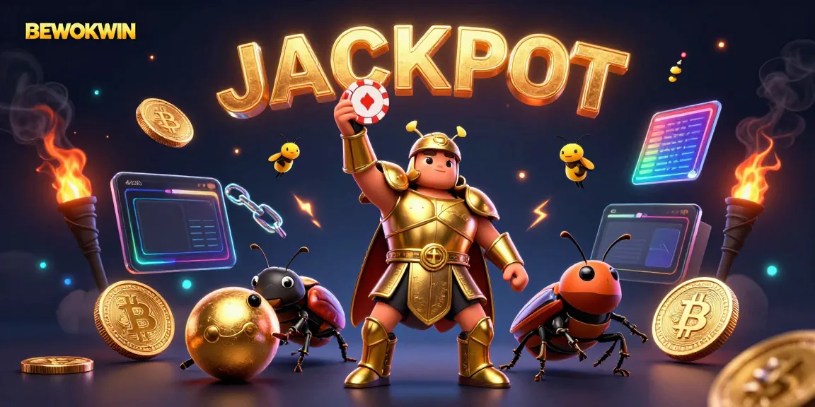 BEWOKWIN menampilkan tokoh serangga 3D mengangkat chip poker di dalam suasana kasino yang bersemangat.