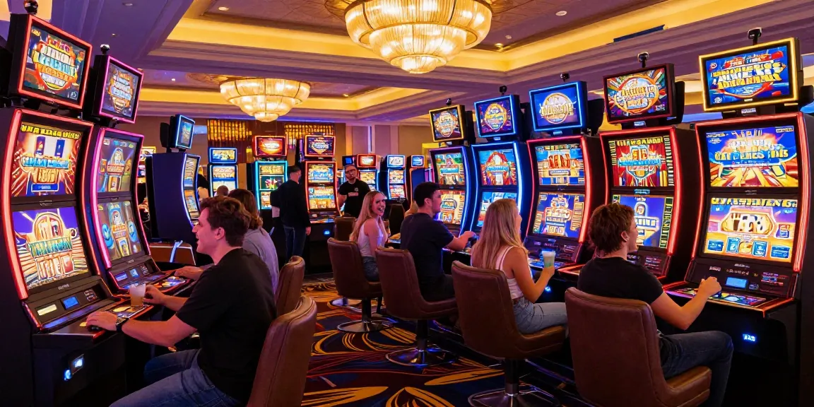 Friends celebrating at a vibrant casino slot machine, showcasing joyful gaming experience.
