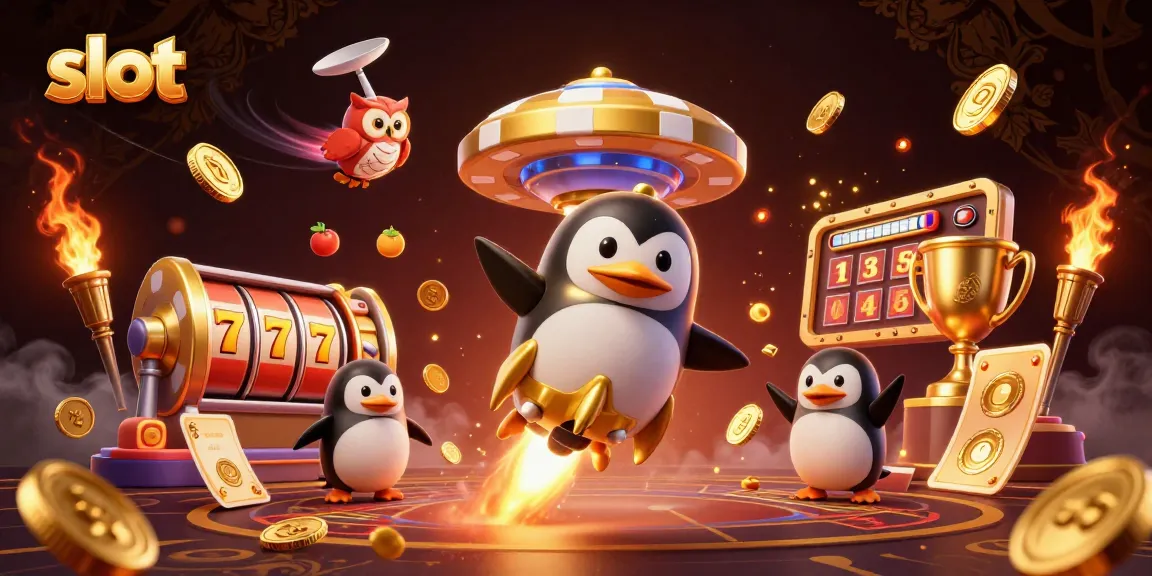 Menangkan slot dengan penguin emas beraksi, dikelilingi simbol jackpot dan koin emas.