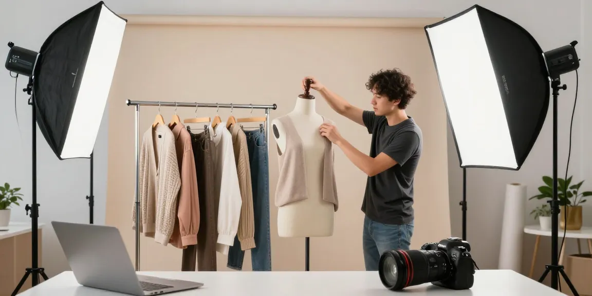 Fotografo ecommerce che scatta abbigliamento su manichino invisibile in studio professionale