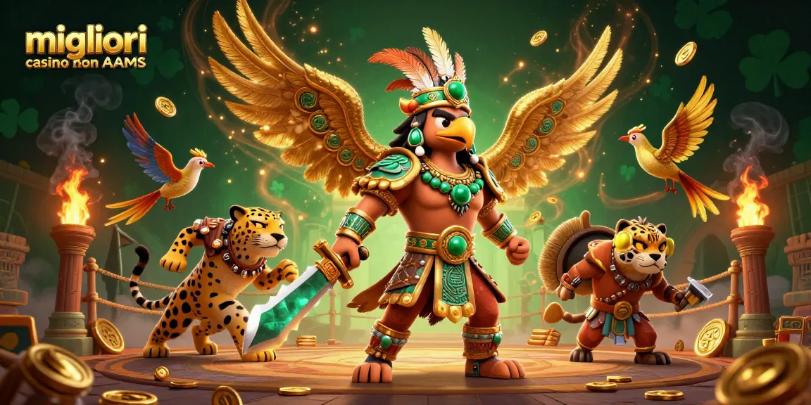 Migliori casino non AAMS in mostra con guerrieri aztechi, monete d'oro ed elementi di gioco dinamici
