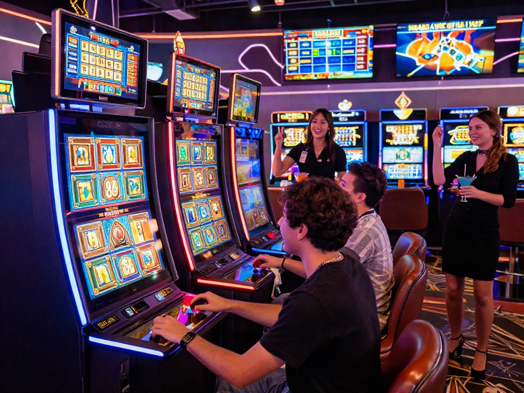 Exciting Mega888 gaming experience with players cheering and vibrant slot machines in modern casino atmosphere.