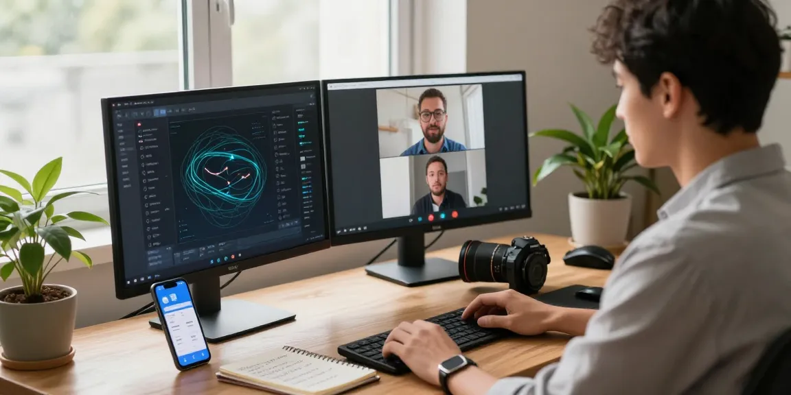 快连 user in home office optimizing network performance with screens and app interface.