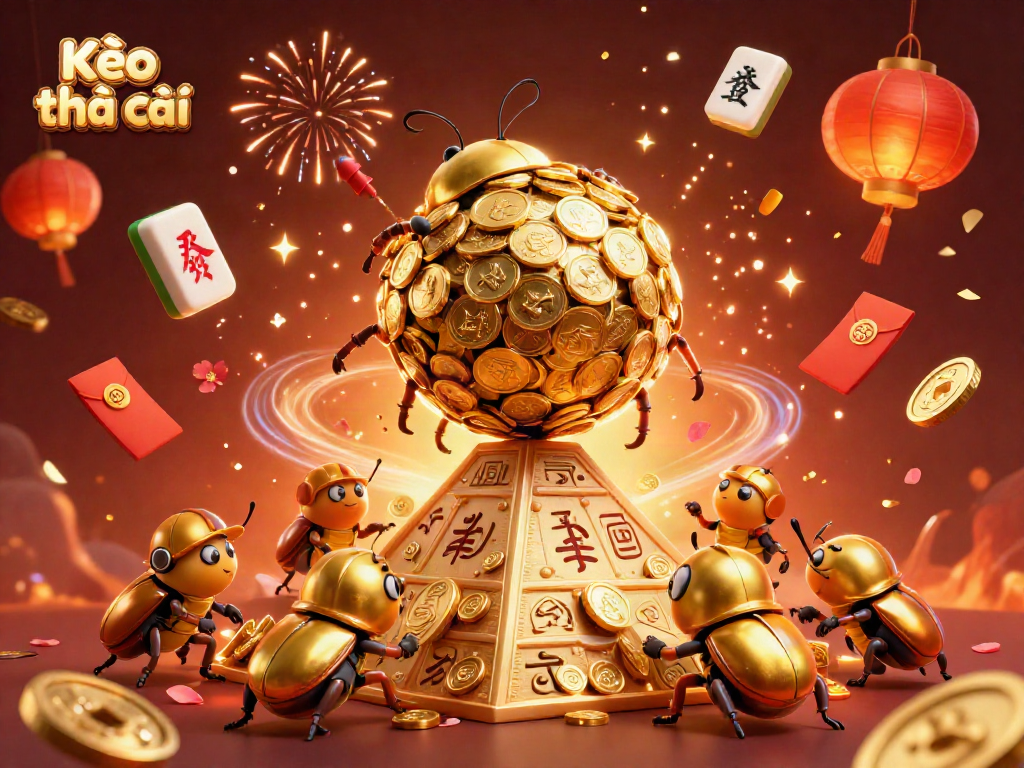 Engage with Kèo nhà cái, showcasing an energetic 3D scene of golden beetles amid casino symbols.