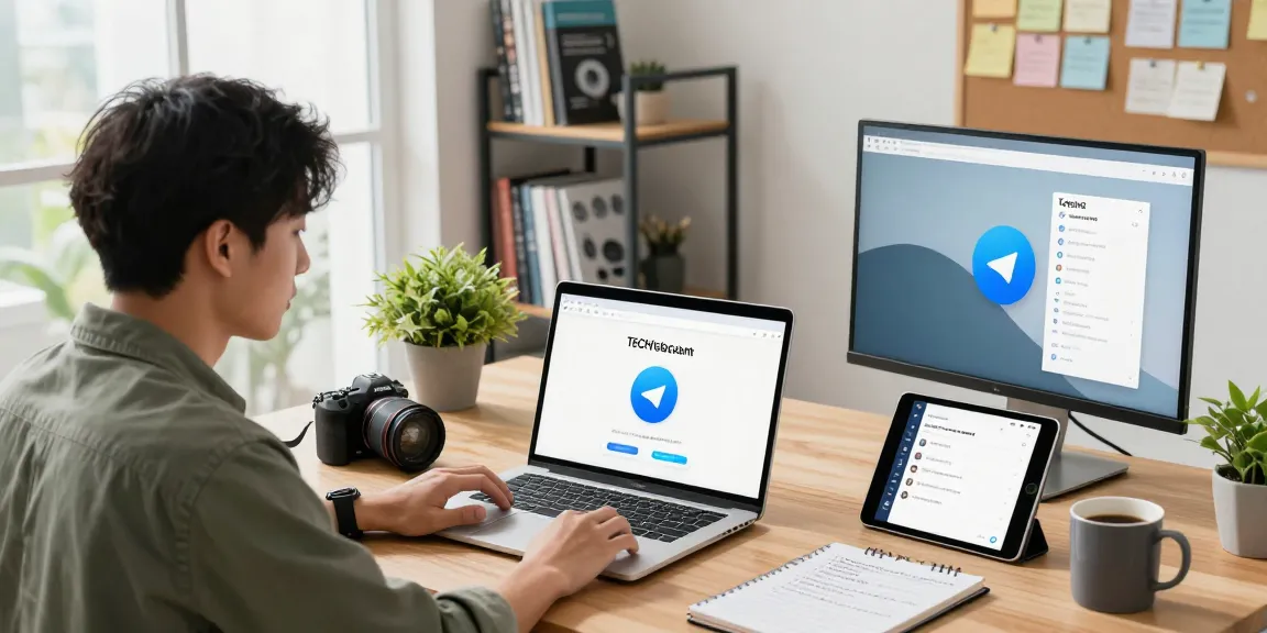 Setting up Telegram Chinese desktop interface on a laptop in a modern workspace