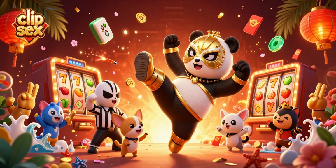 Experience clip sex excitement with a professional wrestler panda amidst vibrant casino elements.