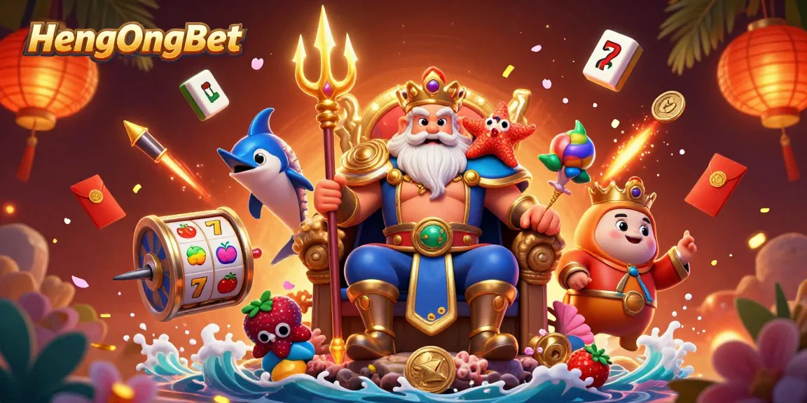 HengOngBet showcases a vibrant 3D casino scene with Neptune and game elements for online gaming.