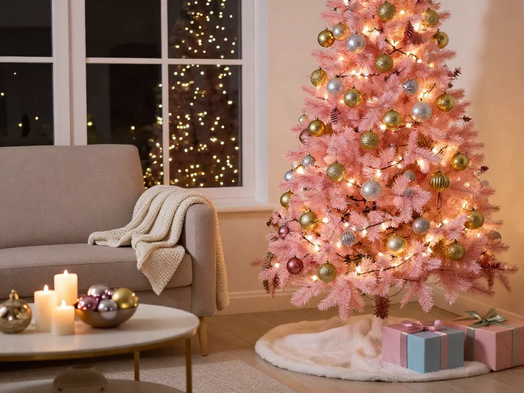 Beautiful pink Christmas tree with pink decor and ornaments in a cozy living room