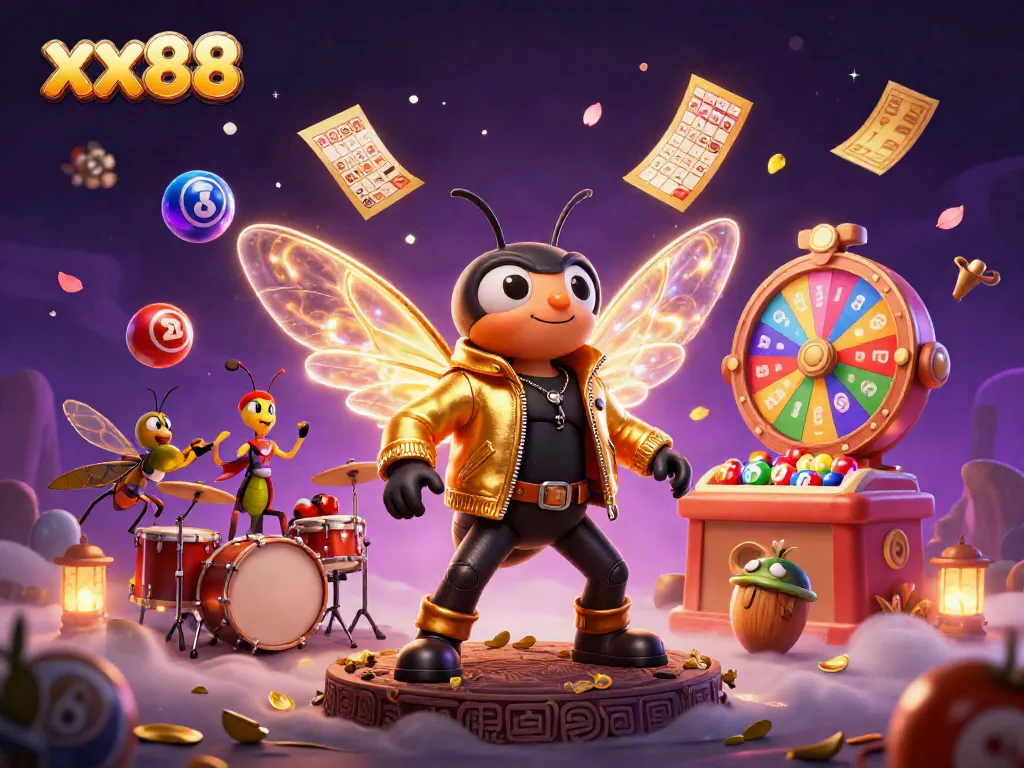 Experience the thrill of xx88 with vibrant lottery balls and dynamic characters in a rich casino scene.