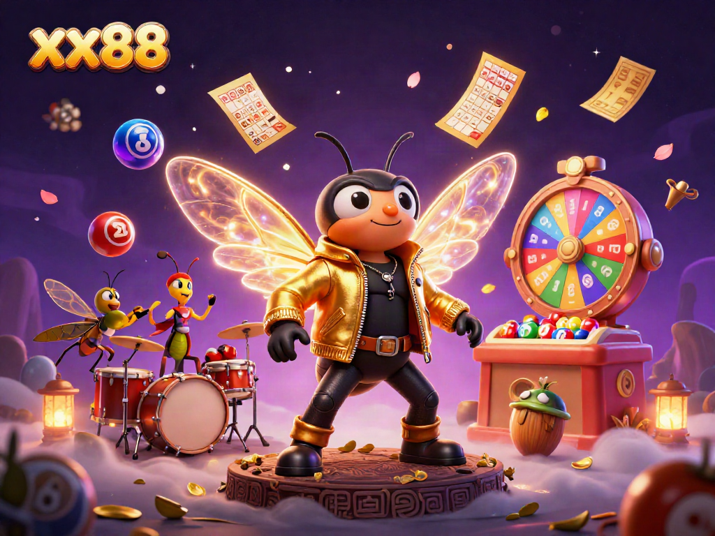 Experience the thrill of xx88 with vibrant lottery balls and dynamic characters in a rich casino scene.