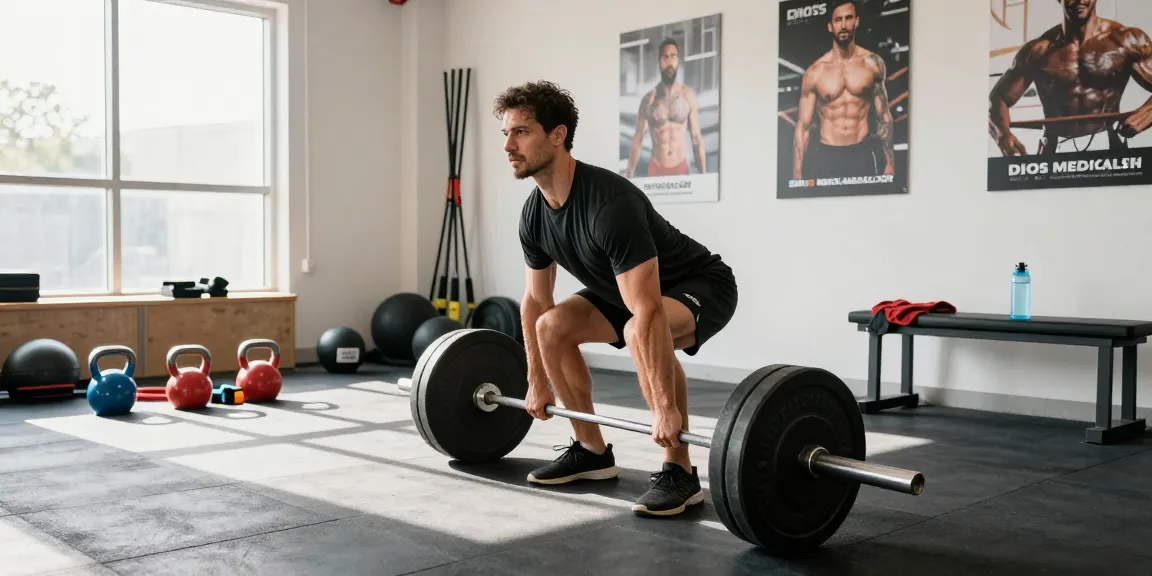 Powerful fitness scene highlighting Deus Medical Shop's products through dynamic weight training.
