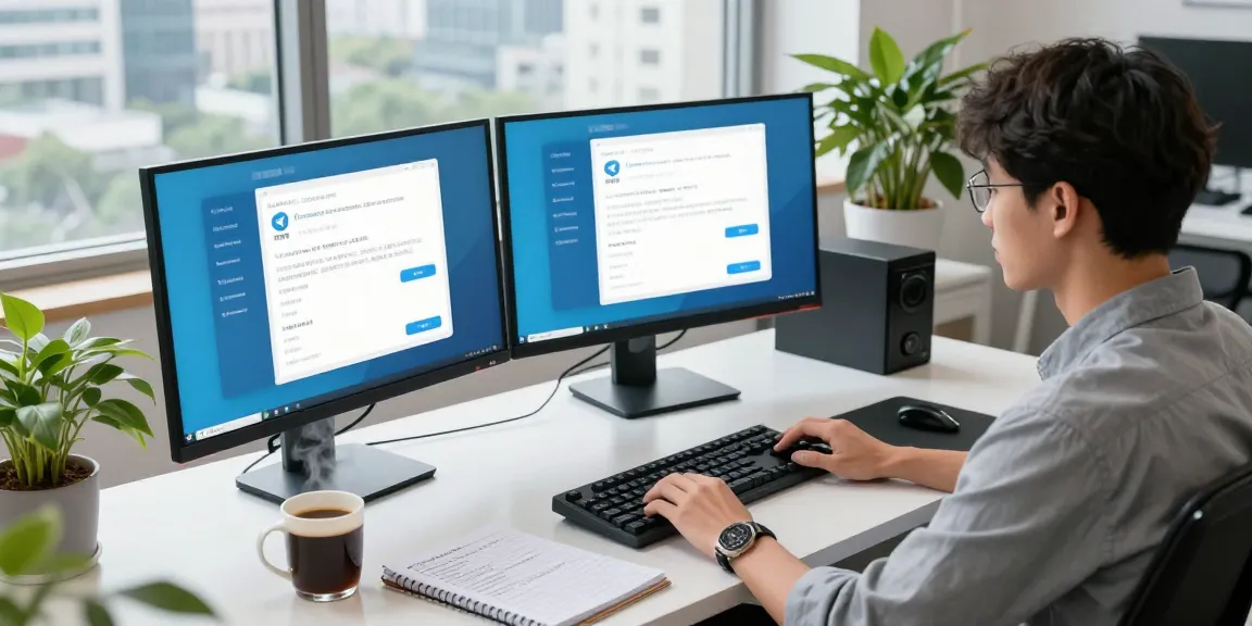 Productive workspace with Telegram Chinese desktop application on multiple screens, showcasing modern tech environment.