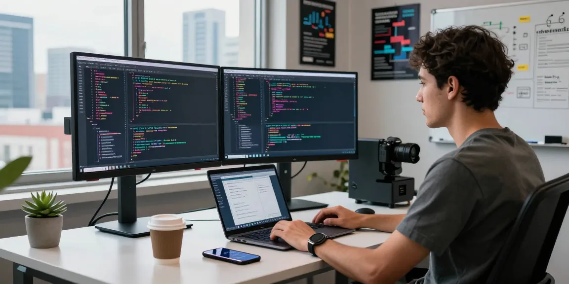 Developer coding in an energetic tech workspace for teiegramin.com