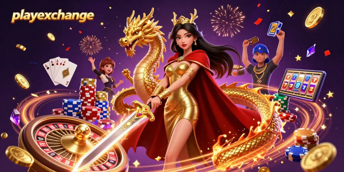 Experience winning moments at playexchange with vibrant casino-themed 3D illustration featuring golden dragons and dynamic gameplay.