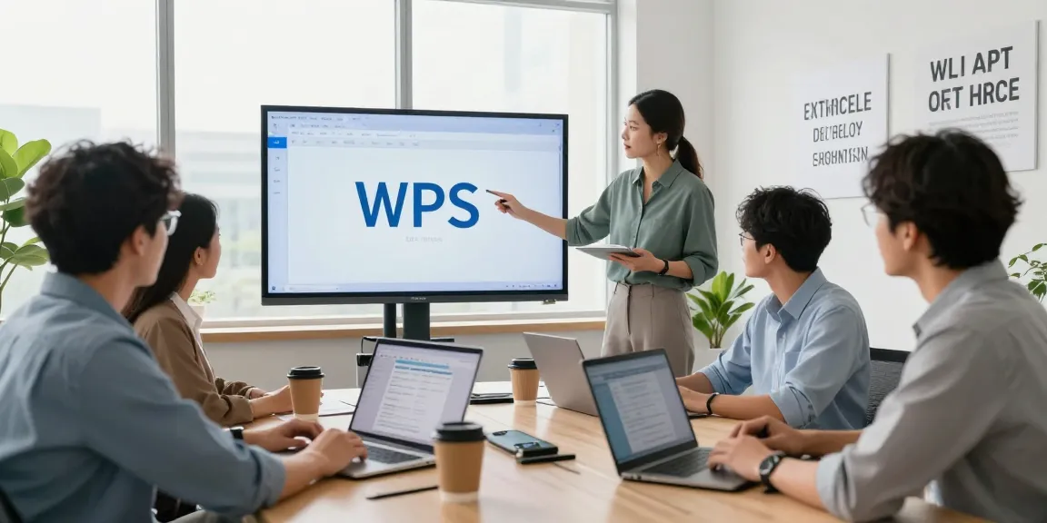 Team collaborating on WPS下载, showcasing productivity tools in a modern office.