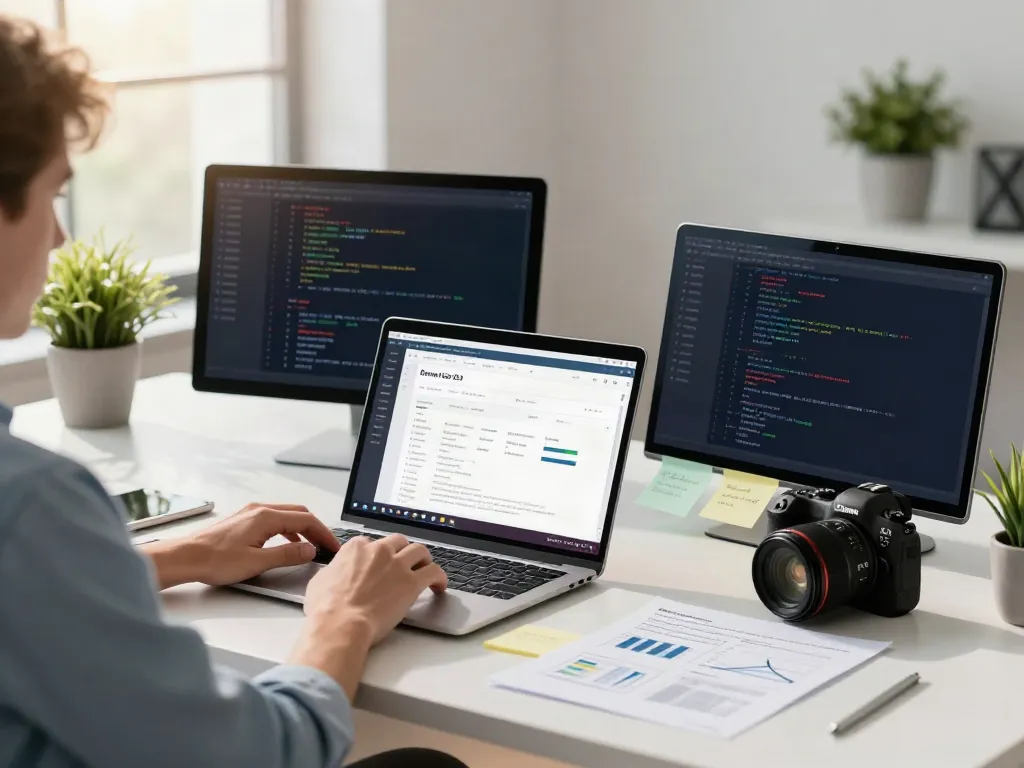 Focused individual using the Brave browser on a laptop in a bright office setting.