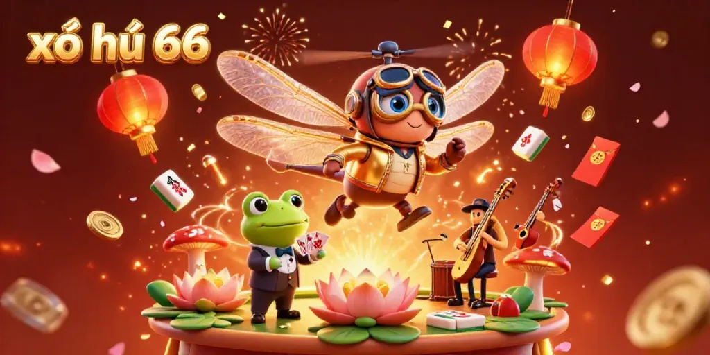 Xổ số 66 showcases a vibrant 3D illustration featuring a dragonfly pilot, frog croupier, and jazz-playing crickets in a lively casino atmosphere.