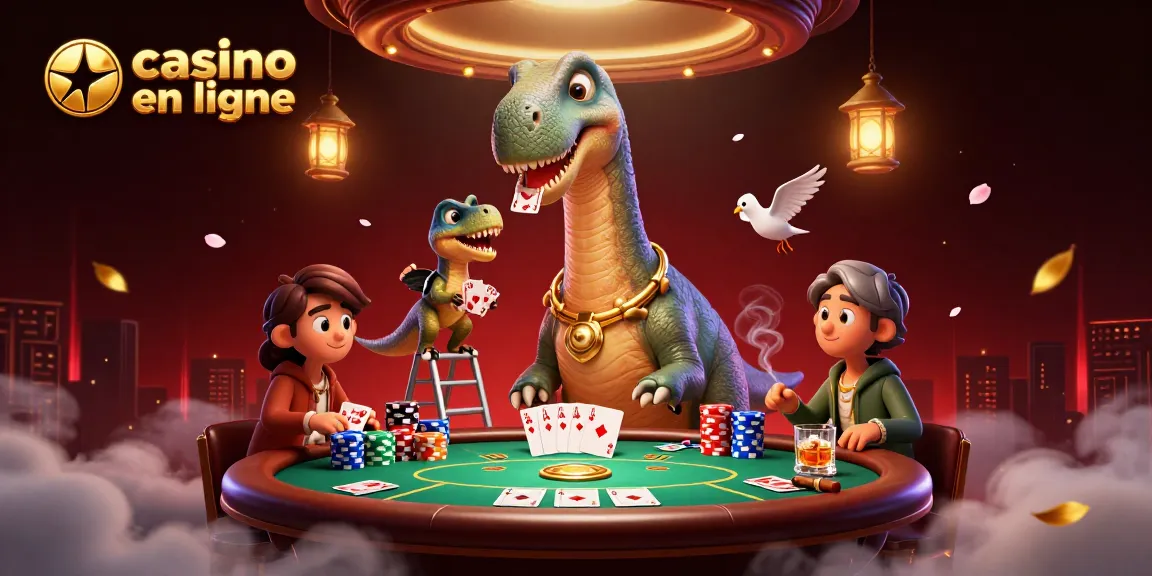 Plongez dans l'univers captivant du casino en ligne avec une illustration dynamique d'un brontosaurus géant et un raptor distribuant des cartes.