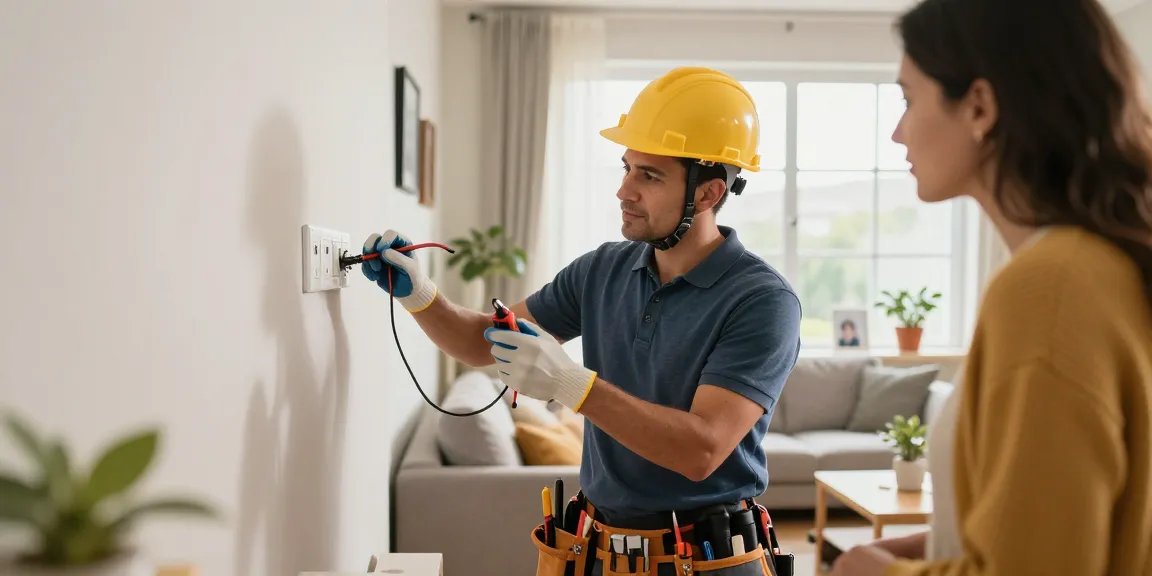 Domestic electrician ensuring home safety by checking electrical systems and discussing safety measures with a homeowner.