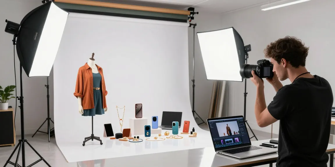 Fotografo ecommerce réalisant des photos professionnelles de produits dans un studio bien éclairé à Milan.