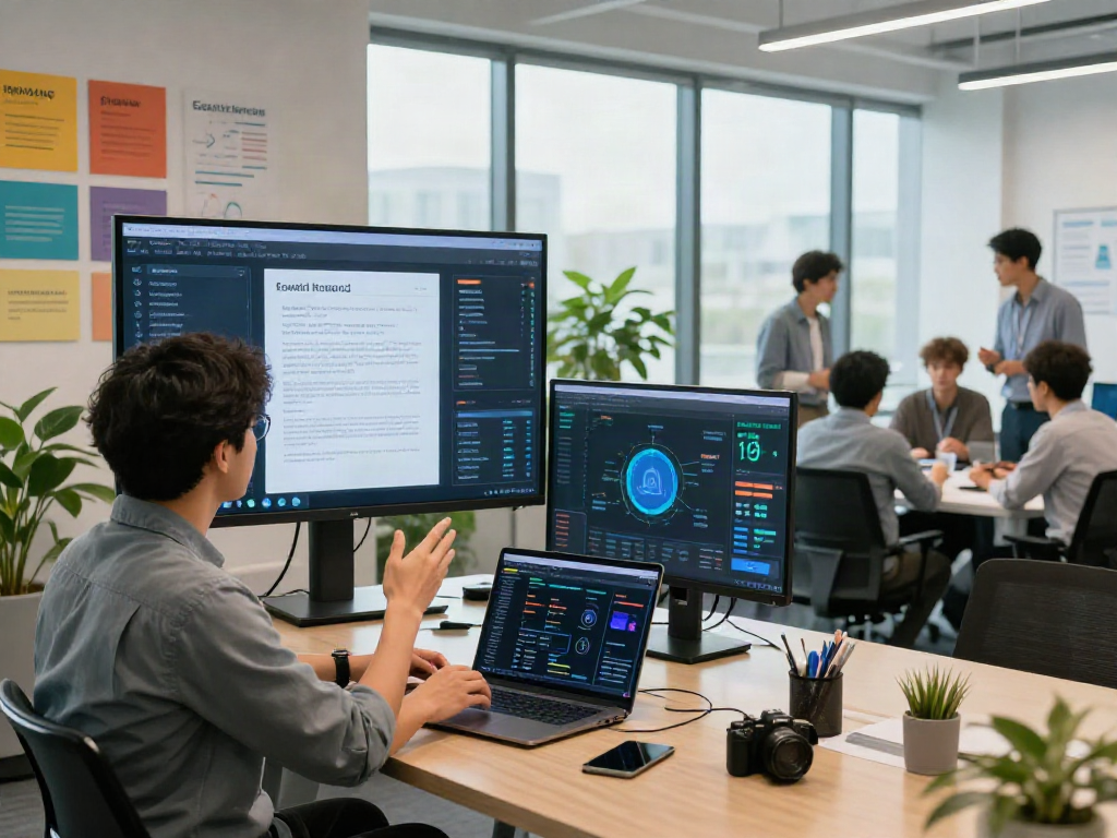 Dynamic office scene illustrating document fraud detection software in action with professionals collaborating.